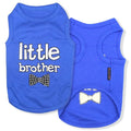 Blue dog tank top with 'little brother' text and bow tie design, pet apparel for small dogs