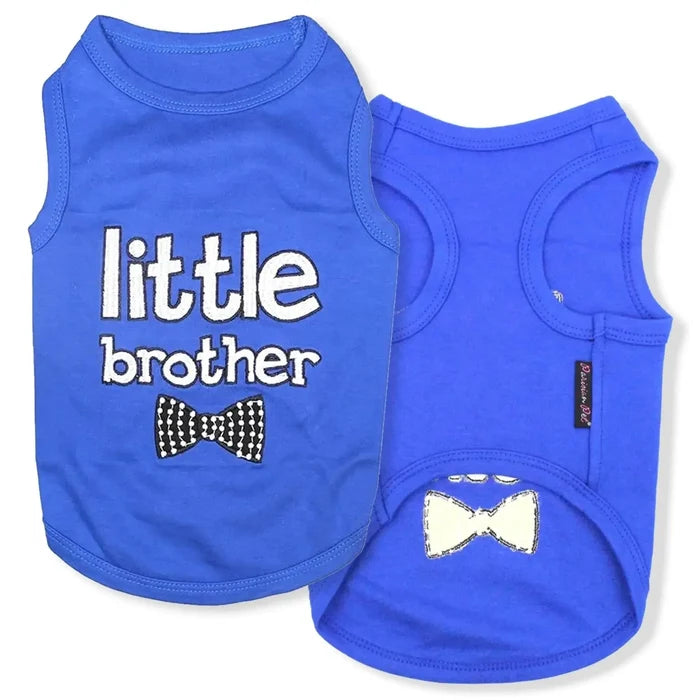 Blue dog tank top with 'little brother' text and bow tie design, pet apparel for small dogs