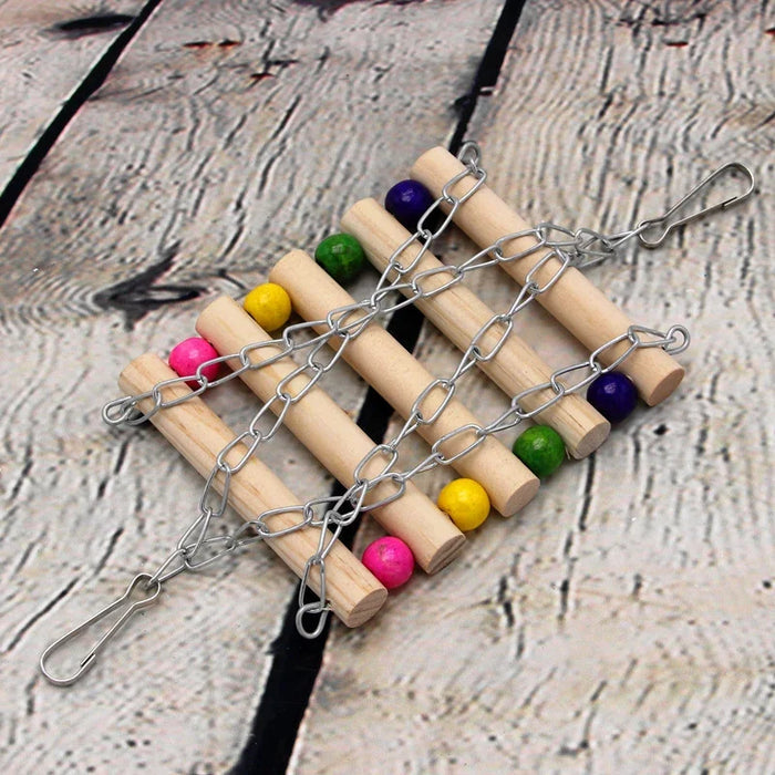 Colorful wooden pet toy with metal chains and beads for dog or cat playtime