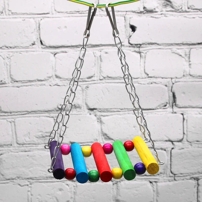 Colorful wooden bird swing toy with chains, perfect for pet bird enrichment and play