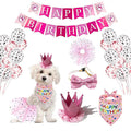 Pink birthday party supplies set for dogs including banners, balloons, crowns, and a bandana.