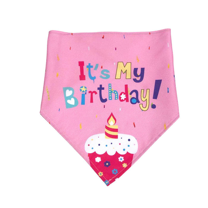 Pink pet bandana with 'It's My Birthday!' text and cupcake illustration for dogs and cats.