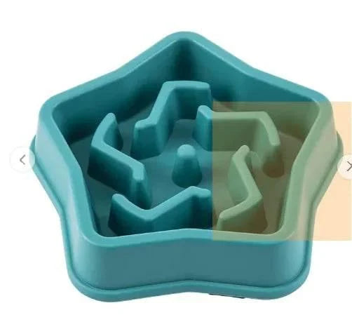 Teal star-shaped slow feeder bowl for dogs and cats, promoting healthy eating with maze design