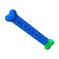Blue and green bone-shaped dog chew toy with textured grip for pet dental care