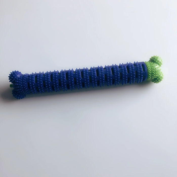 Blue and green spiky dog chew toy for dental care and play