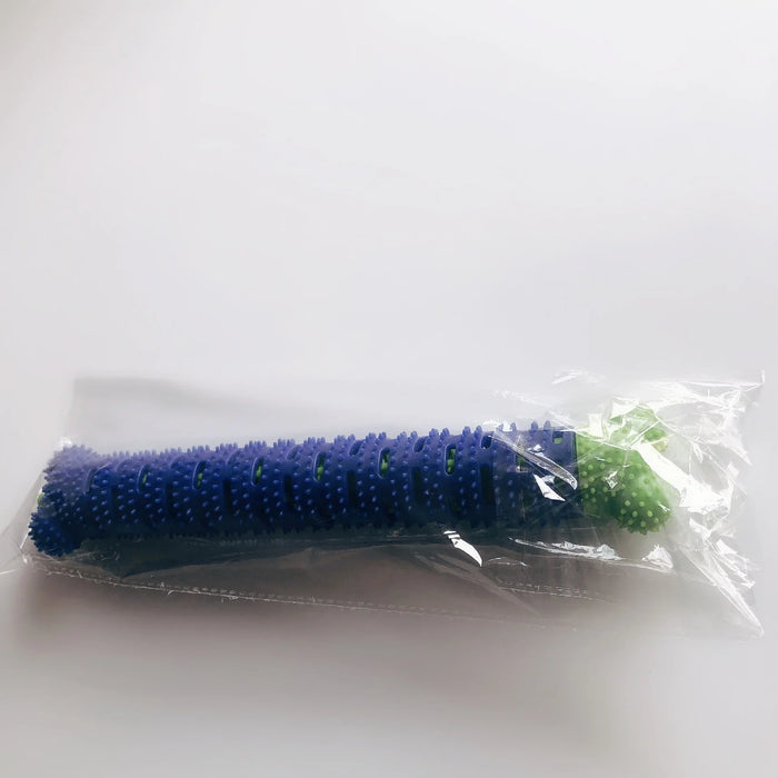 Blue and green textured dog chew toy in clear packaging, ideal for pet dental care and play