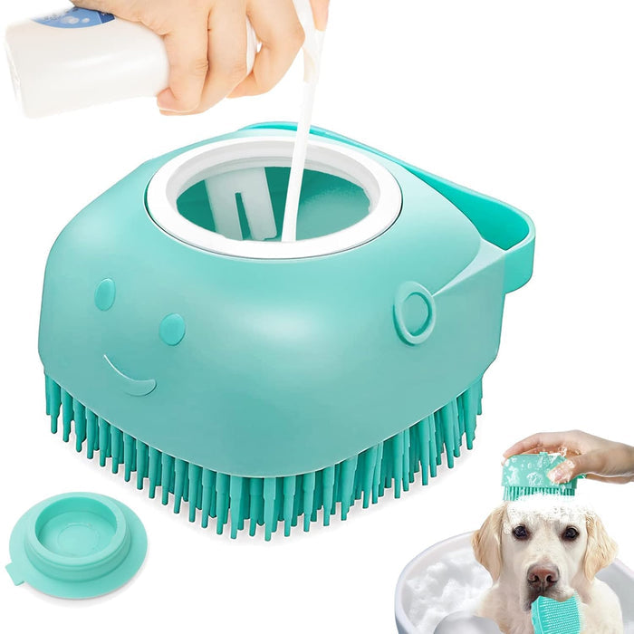 Teal silicone dog grooming brush with soap dispenser for pet bathing.