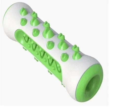 Green and white dog chew toy with textured spikes for dental care and play
