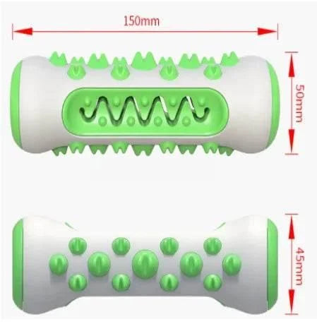 Green and white dog chew toy with textured grips and dimensions for pet care