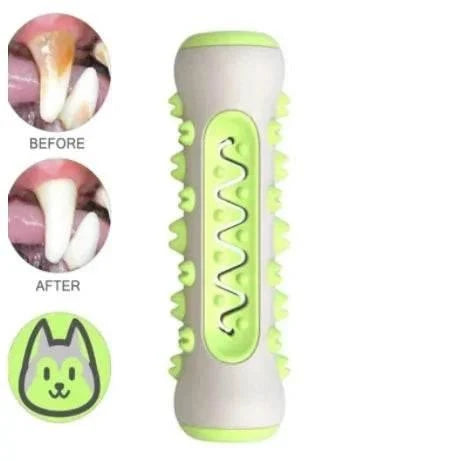 Green and white dog chew toy with dental cleaning ridges, shown with before/after teeth results and cat icon