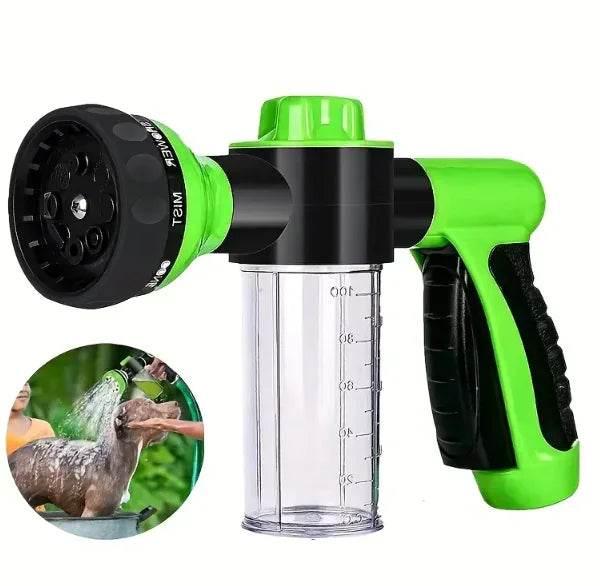 Green pet shower sprayer with soap dispenser for dog bathing, ideal for pet care and grooming essentials