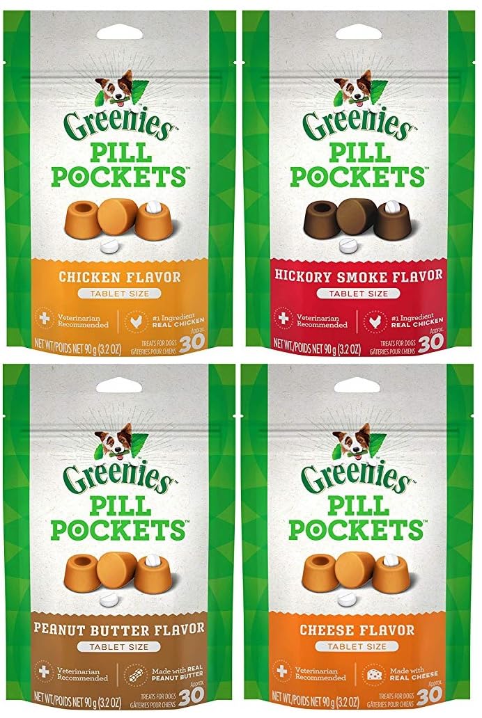Greenies Pill Pockets dog treats in chicken, hickory smoke, peanut butter, and cheese flavors for easy medication