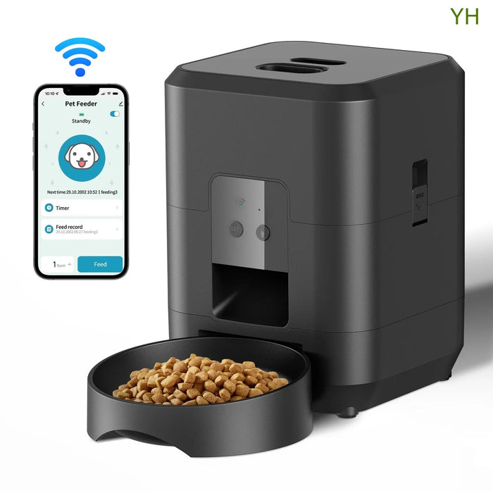 Smart automatic pet feeder with app control, dispenses dry food for dogs and cats via Wi-Fi timer