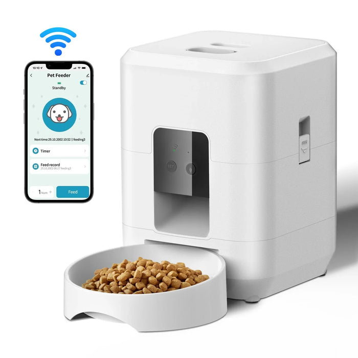 Smart automatic pet feeder with app control, dispenses dry food for dogs and cats