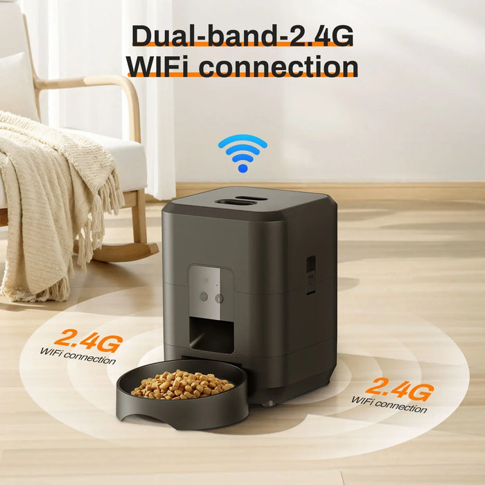 Smart pet feeder with dual-band 2.4G WiFi, dispensing dry food in modern home setting
