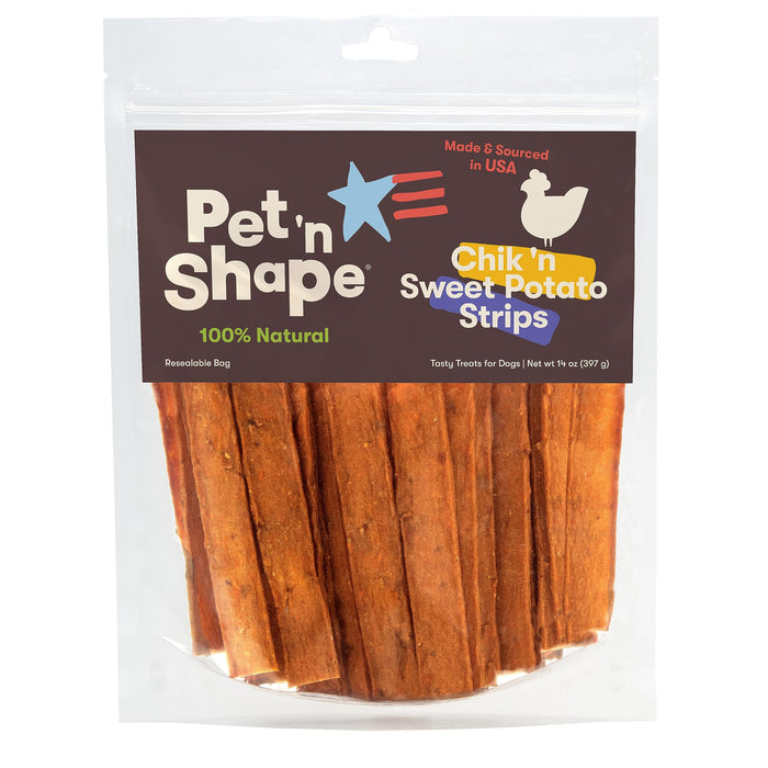 Pet'n Shape Chik'n Sweet Potato Strips – 100% natural dog treats made in USA, resealable bag