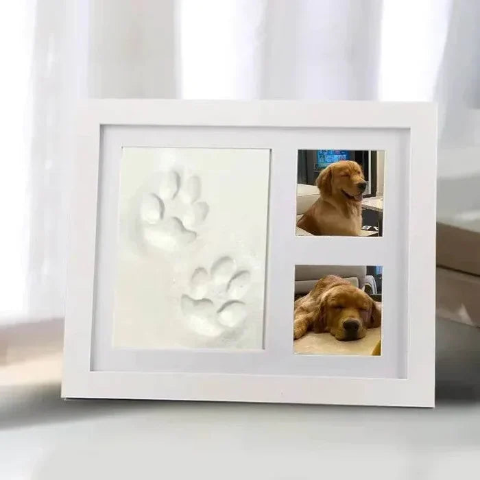 White frame with dog paw prints and photos, perfect pet keepsake for dog lovers