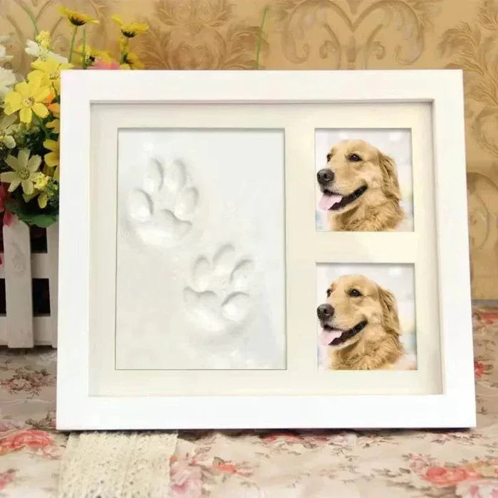 White pet photo frame with dog paw prints and two golden retriever photos, perfect for dog lovers