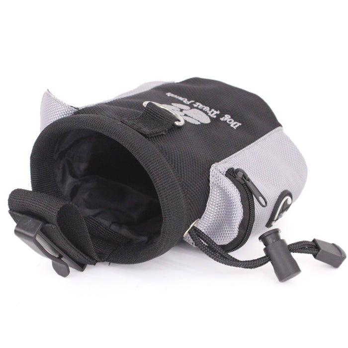Black and gray dog treat pouch with zipper pocket and belt clip for training