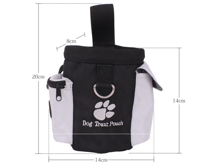 Black and gray dog treat pouch with paw print, 20cm tall, for training and walks