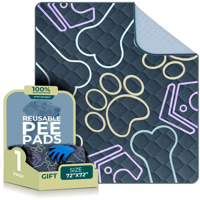 Reusable waterproof pee pad for dogs, 72x72 inches, super absorbent with paw print design, includes cleaning glove gift