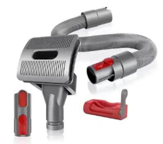Pet hair vacuum attachment kit with hose, brush, and crevice tools for dog and cat grooming
