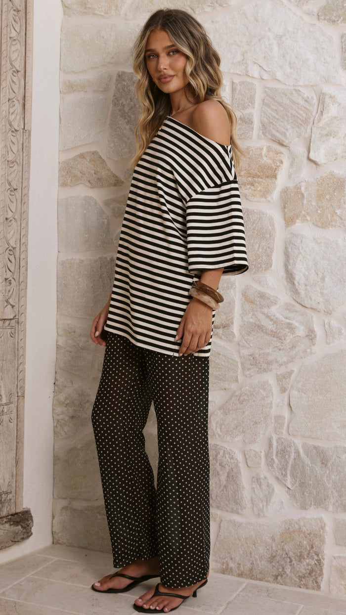 Pia One Shoulder Oversize Tee - Black/White Stripe