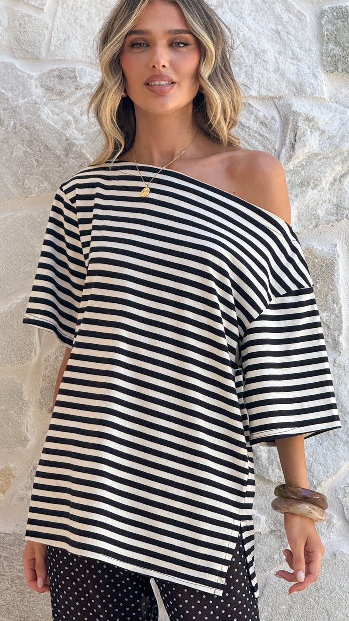 Pia One Shoulder Oversize Tee - Black/White Stripe