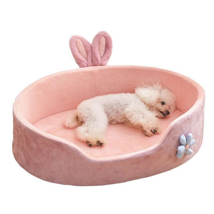 Pink bunny ear pet bed with flower accent, cozy for small dogs or cats