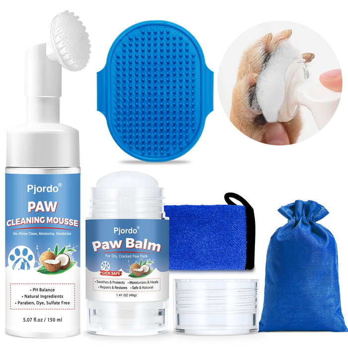 Pjordo pet grooming kit with paw cleaning mousse, soothing paw balm, and blue cleaning brush.