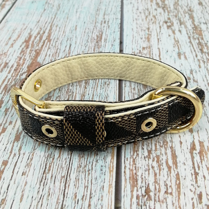 Plaid Leather Dog Collar | Brown & White | Collar, Leash & Gift Box Options | S–XL