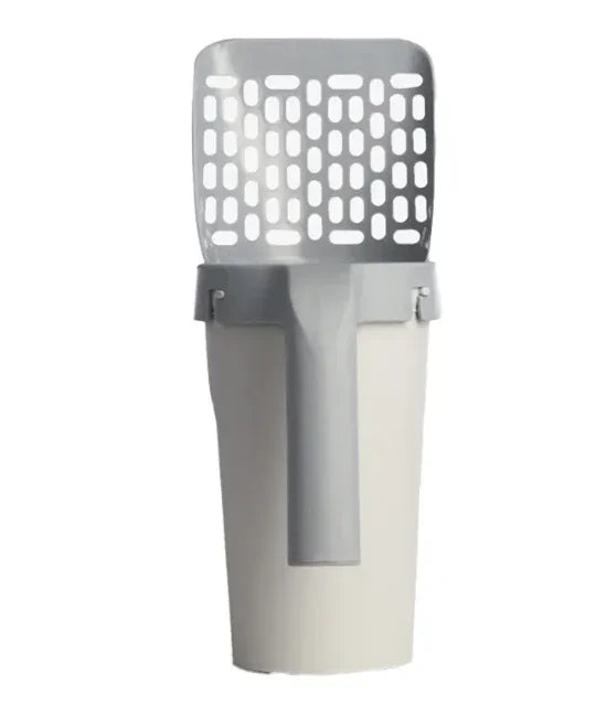 Gray cat litter scoop with slotted head and ergonomic handle for easy cleaning