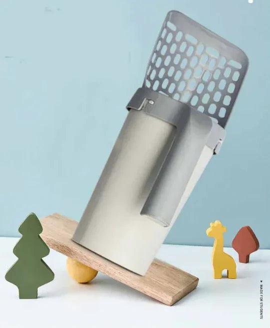 Stainless steel pet water dispenser with wooden base and playful animal decor for cats and dogs