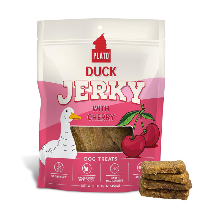 Plato Duck Jerky with Cherry dog treats, grain-free, single source real duck, limited ingredients, air-dried