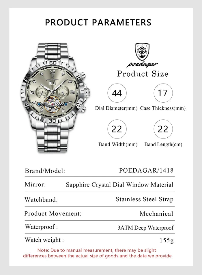 Poedagar Luxury Skeleton Tourbillon Men's Watch