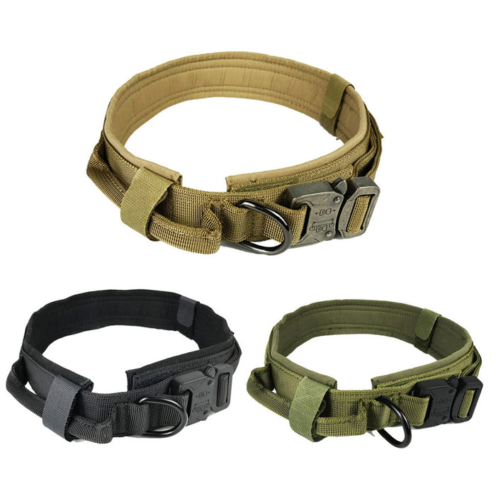 Durable tactical dog collars in tan, black, and olive green with heavy-duty buckles and D-rings for secure leash attachment