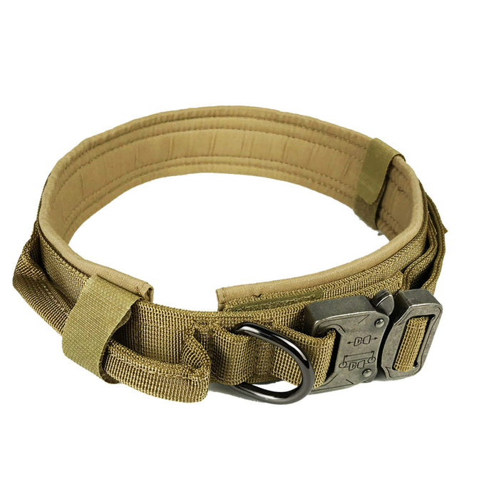 Tan tactical dog collar with heavy-duty buckle and D-ring for secure leash attachment