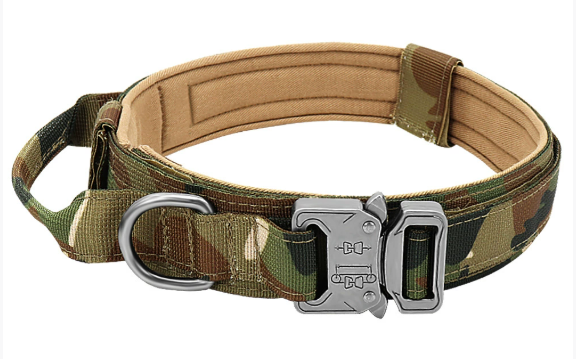 Camouflage dog collar with heavy-duty buckle and D-ring, ideal for outdoor pet adventures