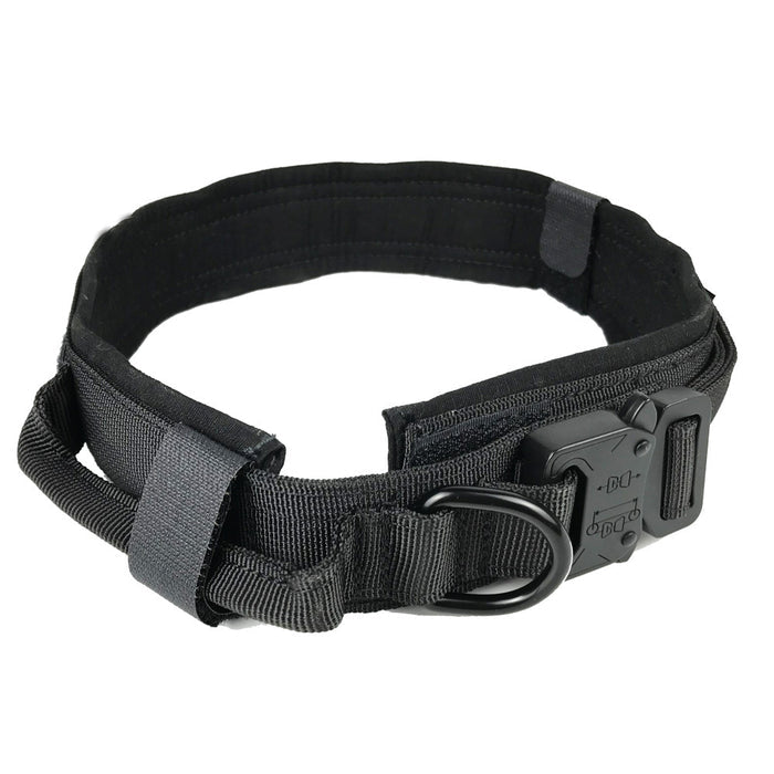 Black tactical dog collar with heavy-duty buckle and D-ring for secure leash attachment