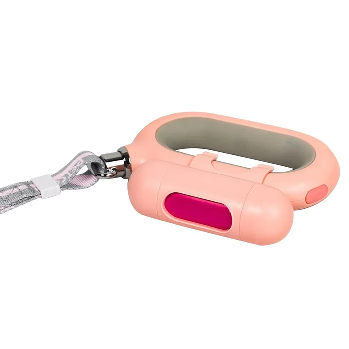 Pink pet leash handle with built-in waste bag dispenser for dogs and cats