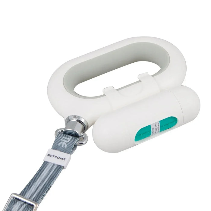 White pet leash handle with built-in waste bag dispenser and gray strap for dogs or cats