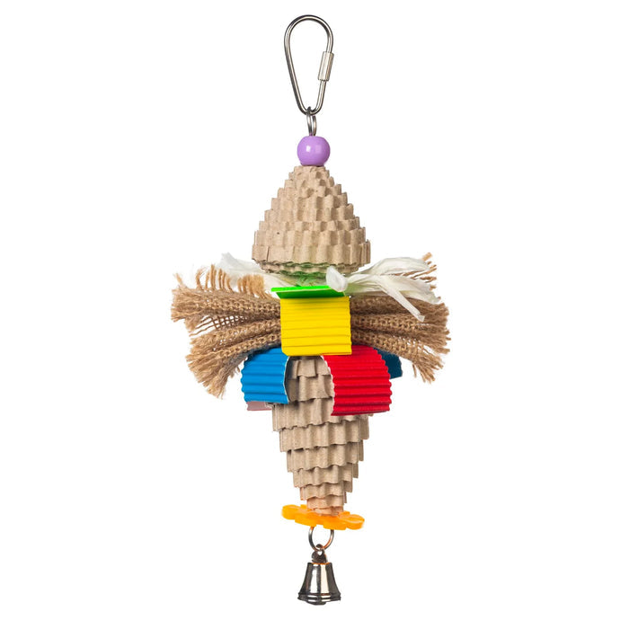 Colorful bird toy with cardboard, rope, and bell for parrot play and enrichment