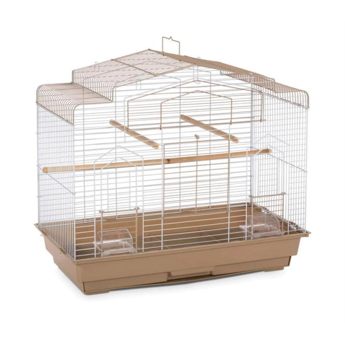 Multi-level bird cage with wooden perches and metal bars for small pets