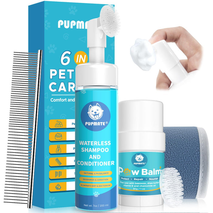 Pupmate 6-in-1 pet care kit with waterless shampoo, conditioner, paw balm, and grooming comb.