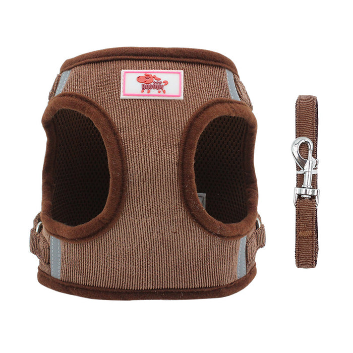 Brown dog harness with mesh lining and reflective strips, includes matching leash for pet walking