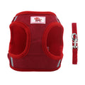 Red mesh dog harness with matching leash, breathable design for small pets, reflective trim for safety