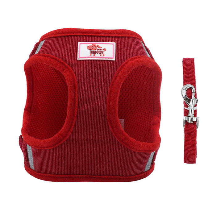 Red mesh dog harness with matching leash, breathable design for small pets, reflective trim for safety