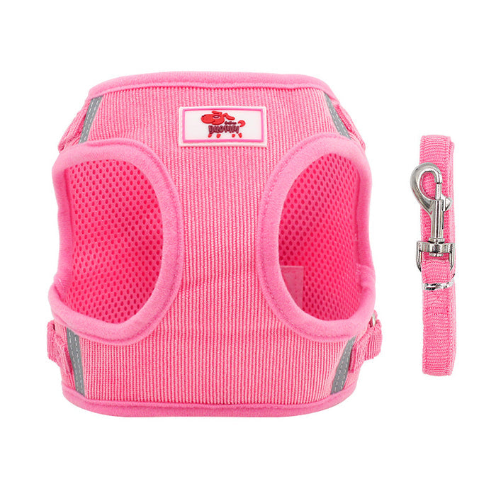 Pink mesh dog harness with matching leash, reflective strips, and secure metal clasp for safe walks