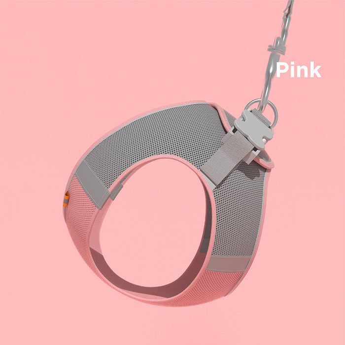 Pink and gray mesh pet harness with adjustable straps and metal clip for dogs or cats