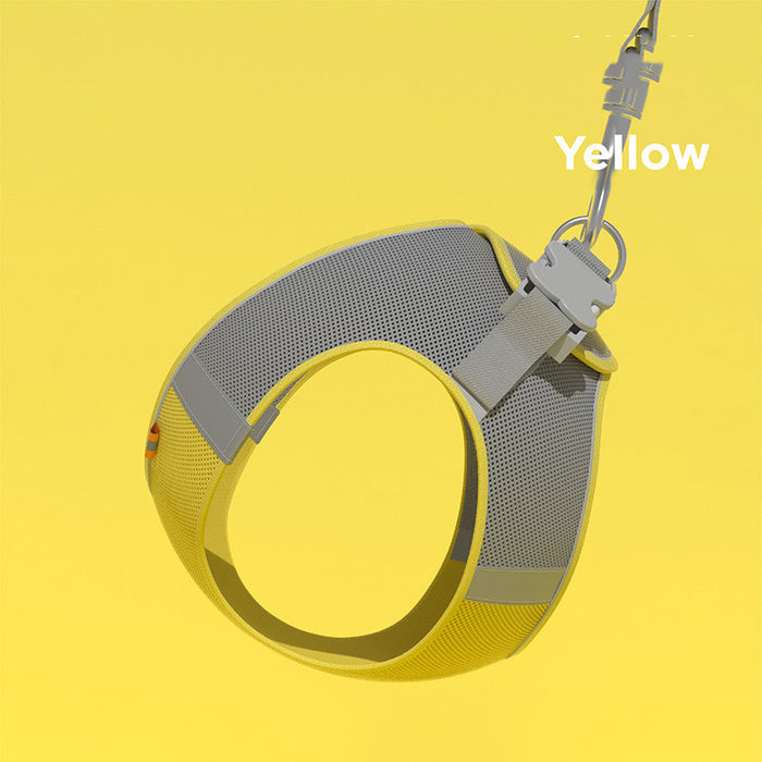 Yellow and gray pet harness with mesh lining and adjustable straps for comfortable dog walking